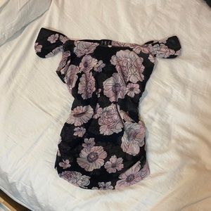 mesh floral ruched top can be on shoulder or off, stretch cami tank micro